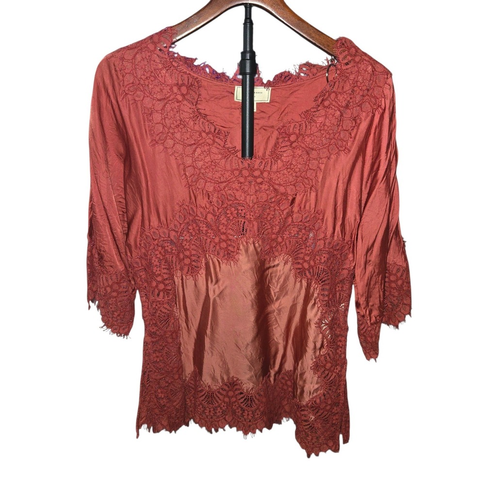Moulinette Soeurs Anthro Lace Blouse Womens Medium Terracotta 3/4 Sleeve V-Neck
